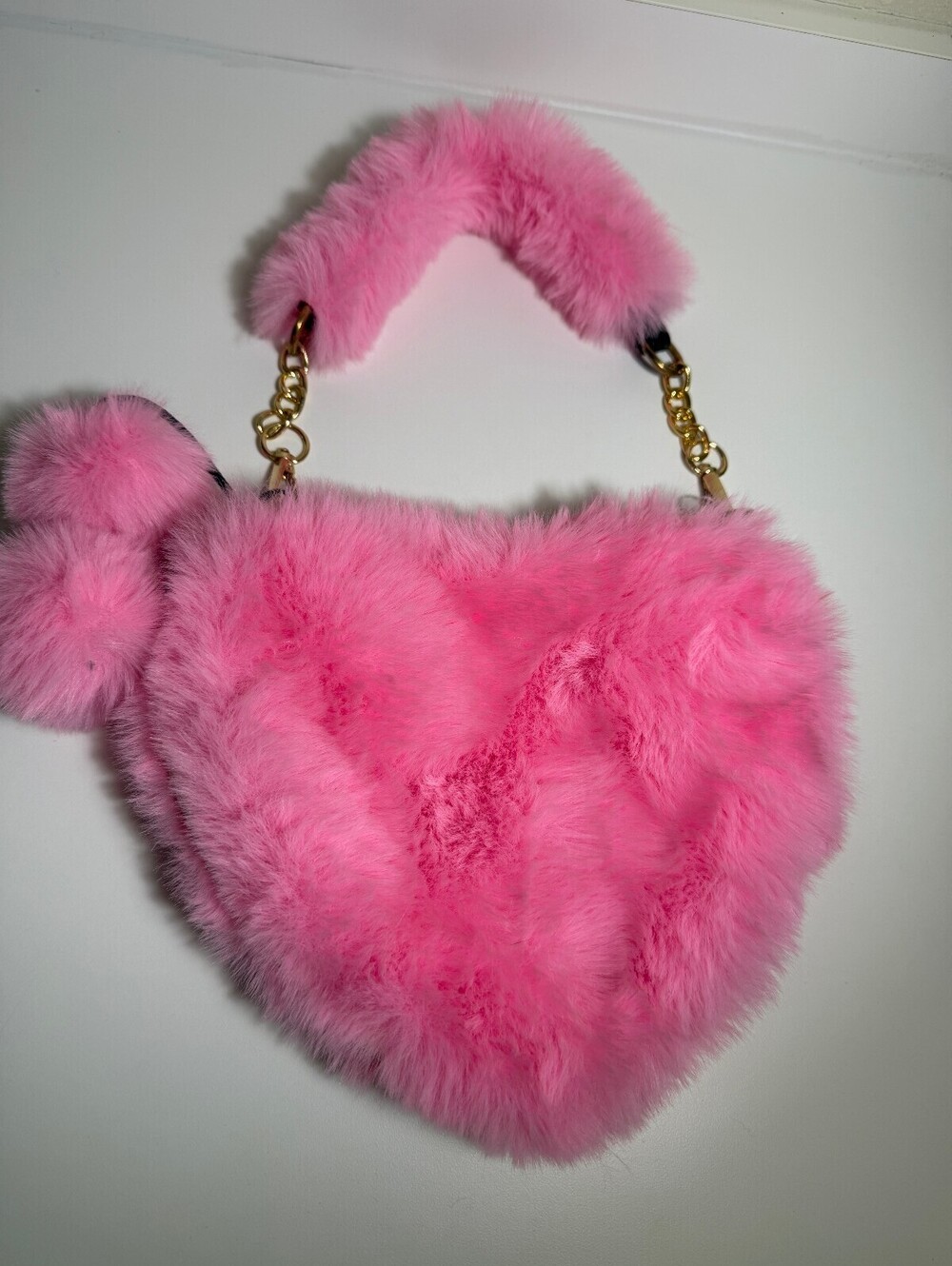 Willow & Ruby Pink Faux Fur Heart-Shaped Handbag with Pom Poms
